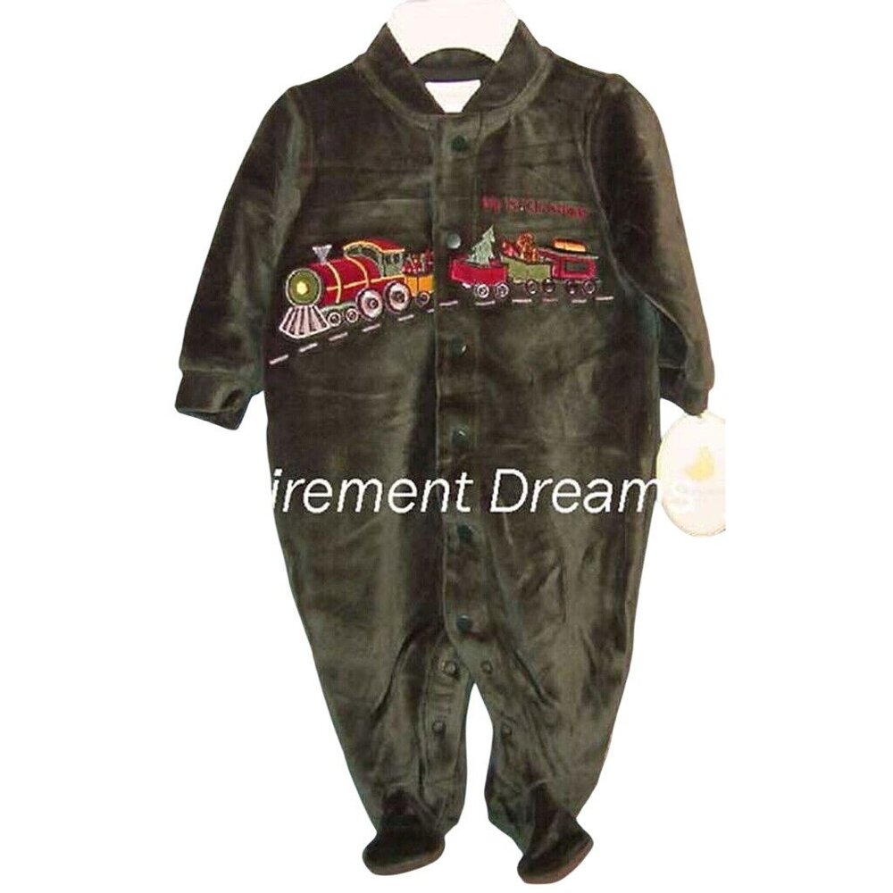BABYS First CHRISTMAS 0M 3M Romper Sleeper Train Green Bear Tree Engine NEW NWT